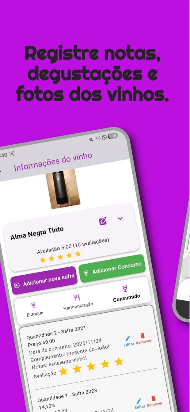 Tela de informações do vinho com notas, degustações e foto do rótulo