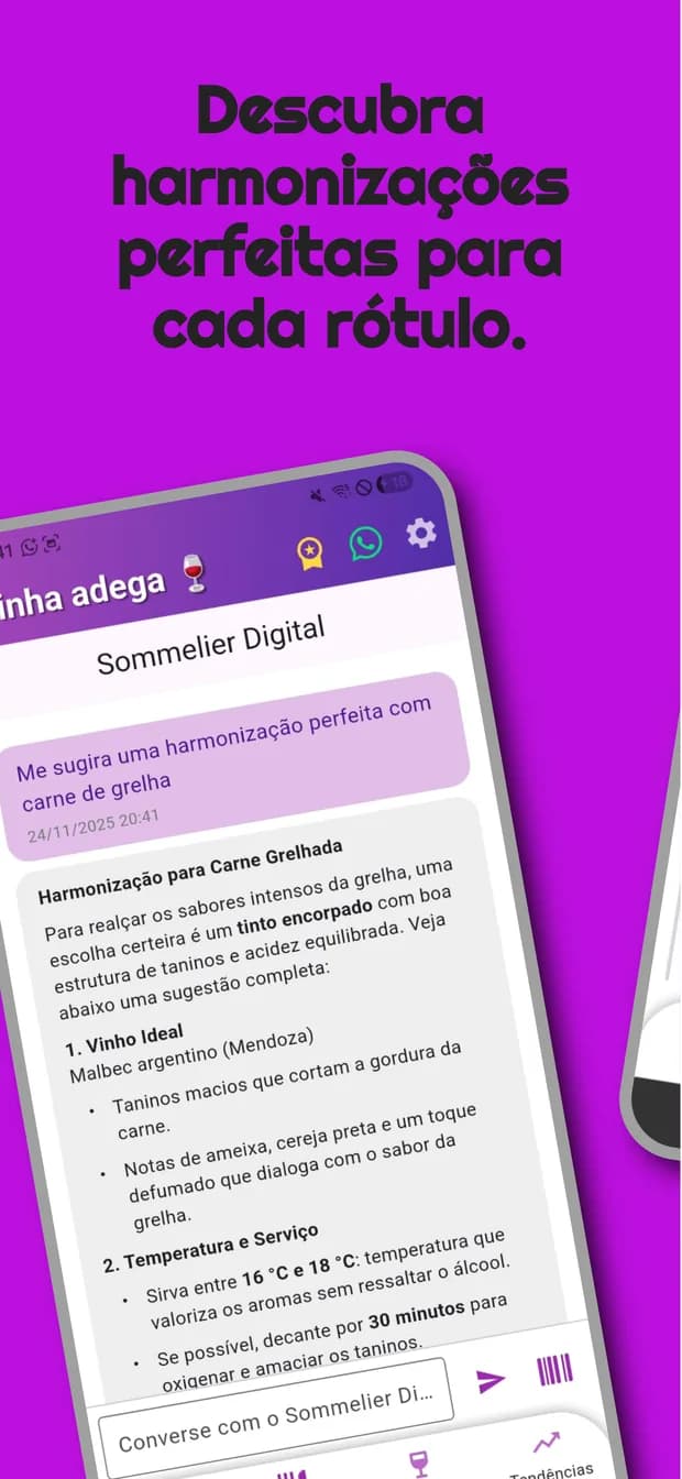 Sommelier Digital do app sugerindo harmonização de vinho para carne grelhada