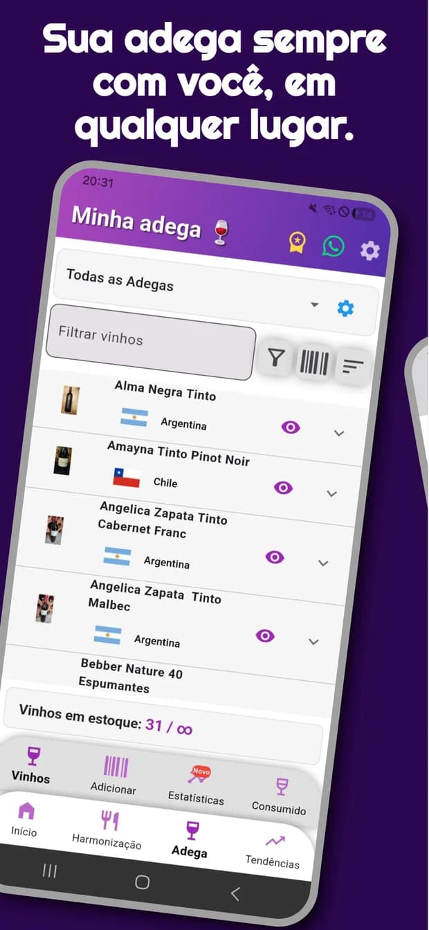 Lista de vinhos da adega com país de origem e avaliação de cada rótulo